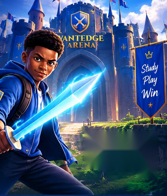 A student fighter holding a glowing sword in front of the Vantedge Arena castle